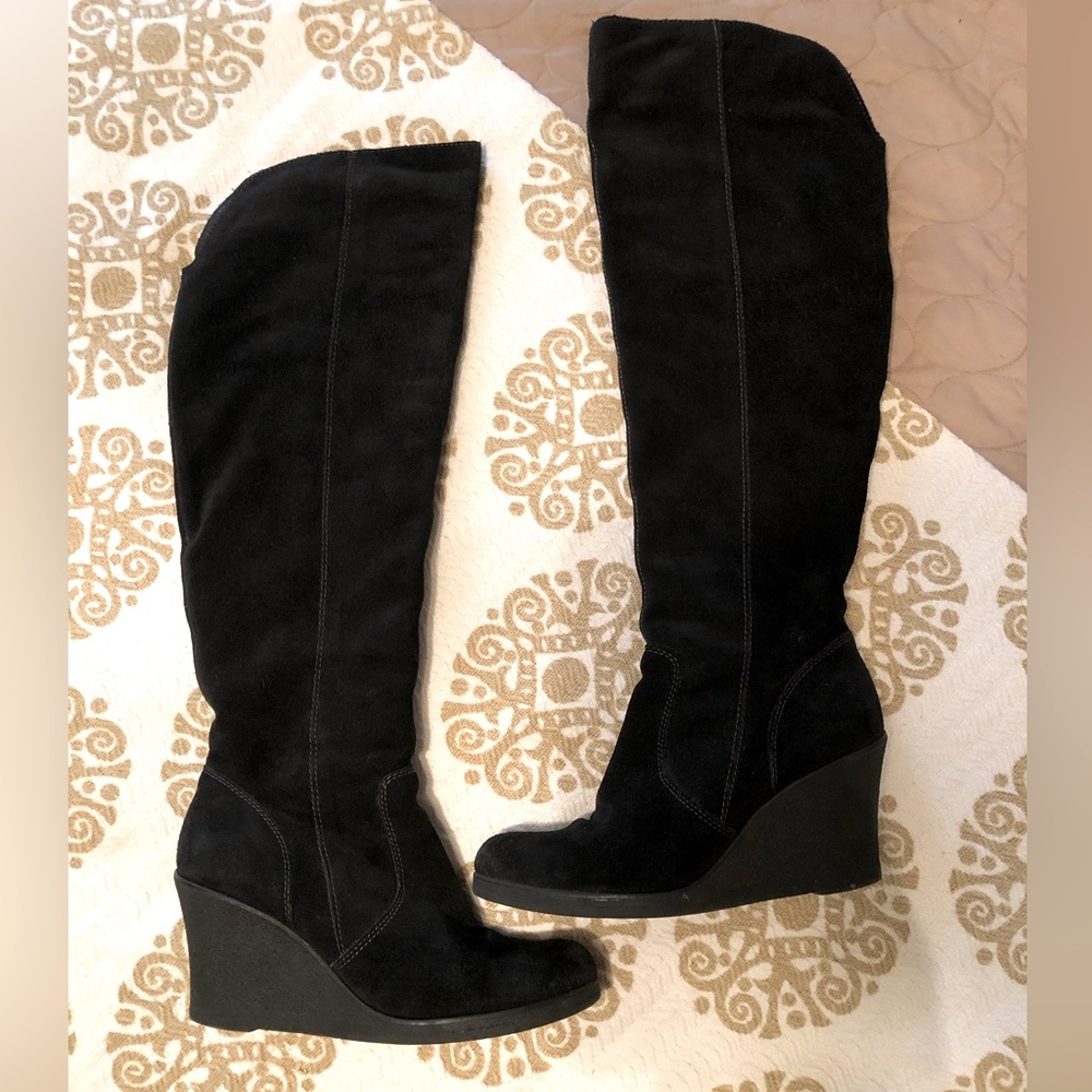 Aldo Black Suede wedge over the knee boots